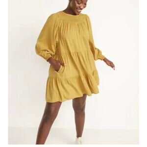 Long-Sleeve Tiered Smocked Embroidered Mini Swing Dress XXL Yellow Gold NWOT